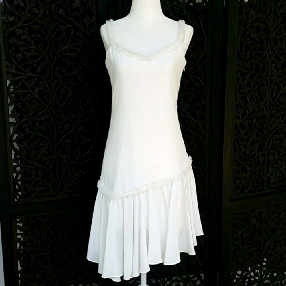 Castiel 100% Silk Ruffle Asymmetrical White Dress - Picture 3 of 8